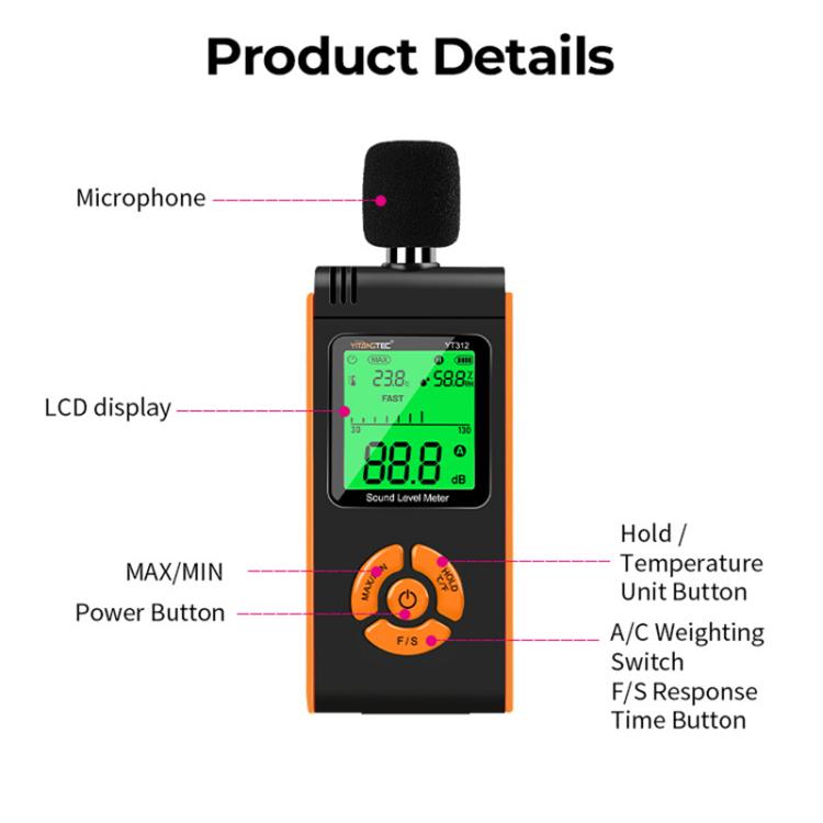 YT312 High Precision Digital Sound Level Meter Support Temperature and Humidity Measurement