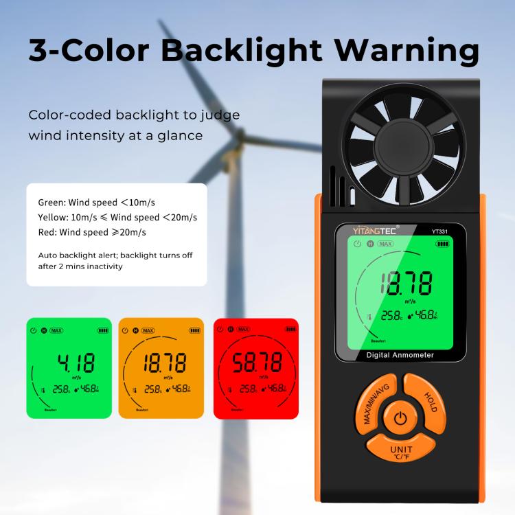 YT331 High Definition Full View Digital Anemometer Supports Temperature and Humidity Measurement, YT331