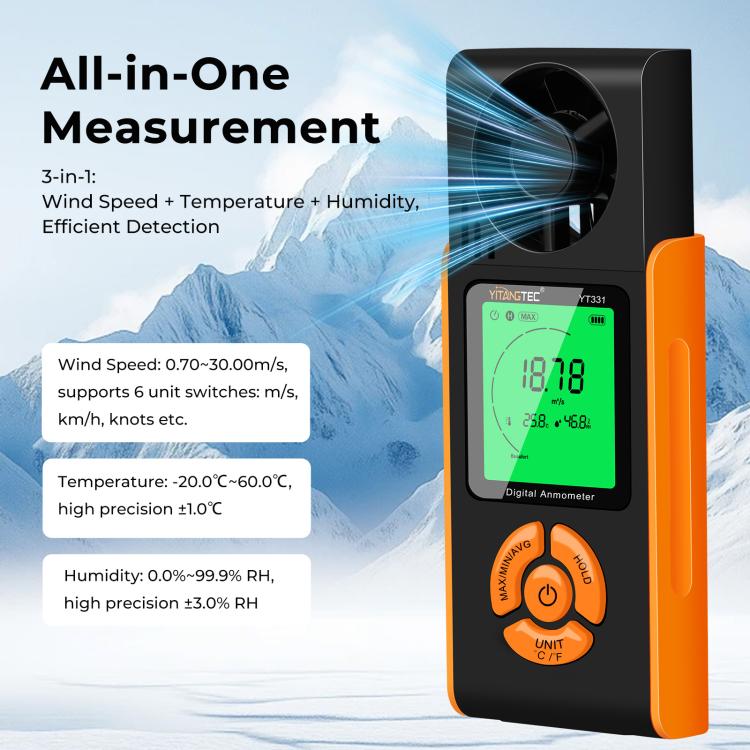 YT331 High Definition Full View Digital Anemometer Supports Temperature and Humidity Measurement, YT331