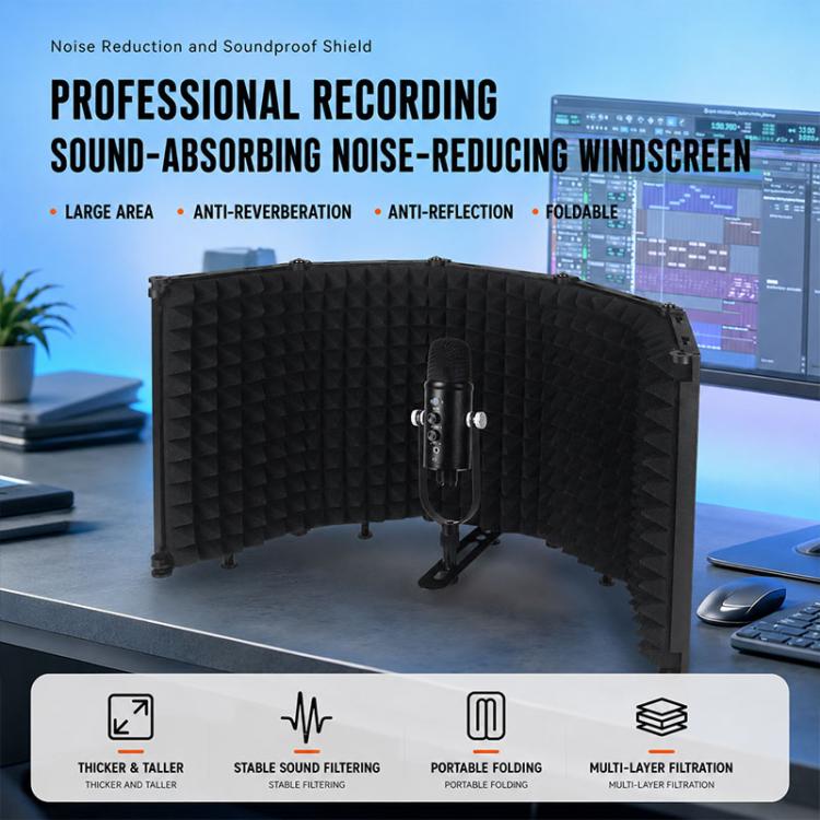 M5P Foldable Five-Panel Microphone Isolation Shield Windproof Screen with Phone Clip, M5P Isolation Shield+Phone Clip