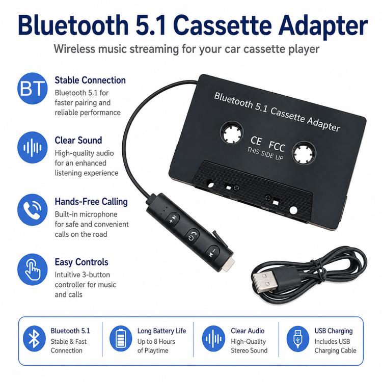 BlueTooth 5.1 In Car MP3 to Cassette Converter Tape Player