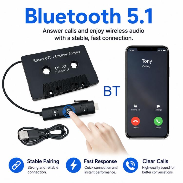 BlueTooth 5.1 In Car MP3 to Cassette Converter Tape Player