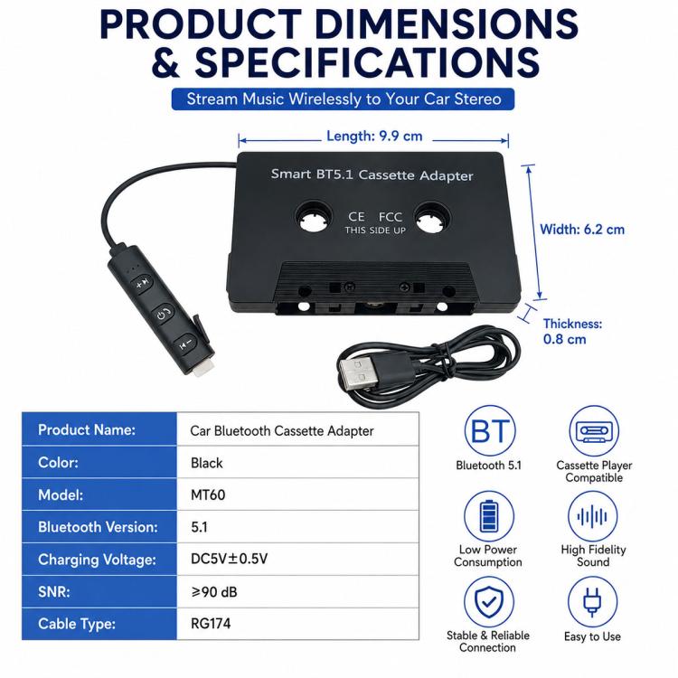 BlueTooth 5.1 In Car MP3 to Cassette Converter Tape Player