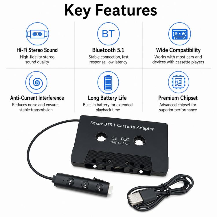 BlueTooth 5.1 In Car MP3 to Cassette Converter Tape Player