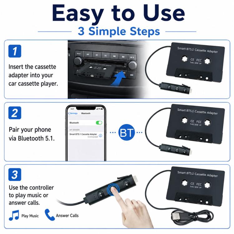 BlueTooth 5.1 In Car MP3 to Cassette Converter Tape Player