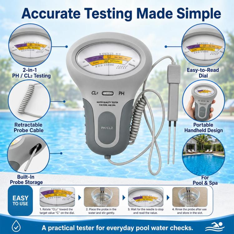 2 in 1 Portable Swimming Pool Water Quality Tester PH Tester, 2 in 1