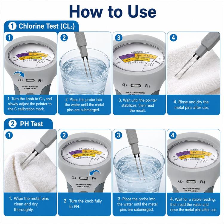 2 in 1 Portable Swimming Pool Water Quality Tester PH Tester, 2 in 1