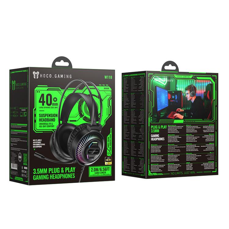hoco W118 Extreme USB + AUX 3.5mm Port Gaming Headphones with Three-color Light, hoco W118(Black)