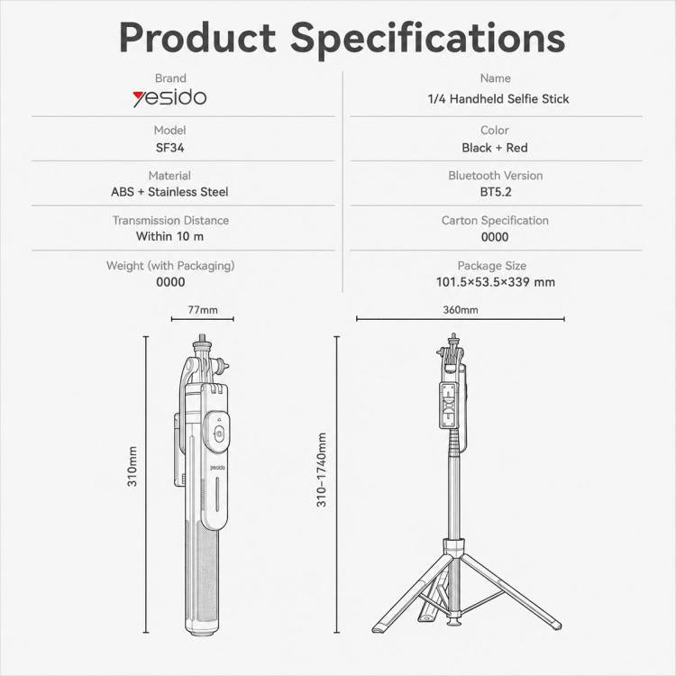 Yesido SF34 Auto Pop Open Tripod Selfie Stick with 1/4 Thread, SF34