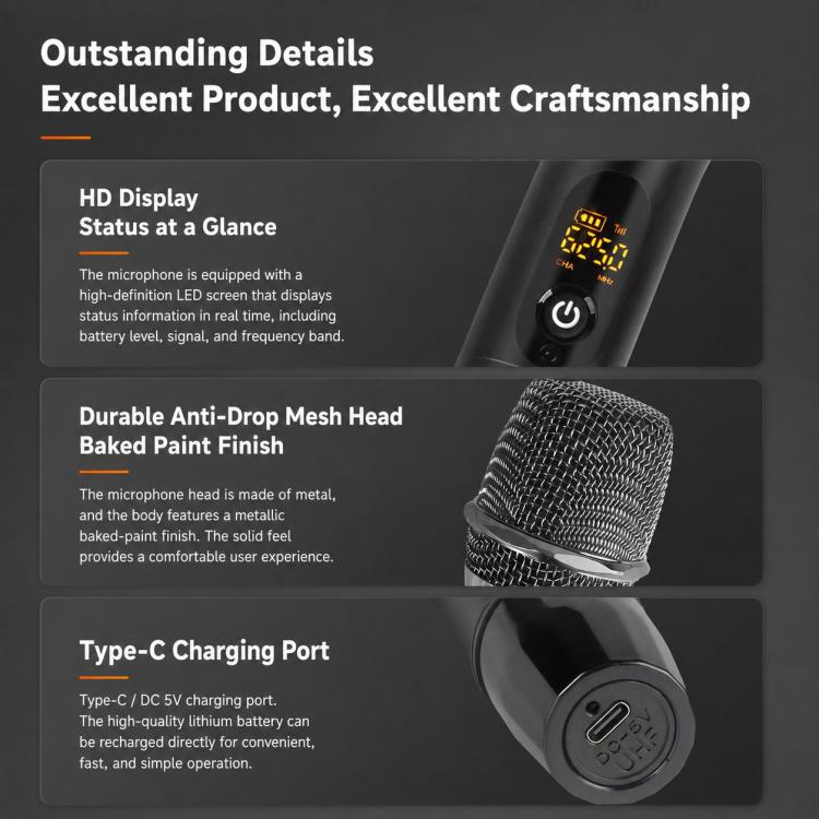 E11 1 to 2 UHF Wireless Dynamic Handheld Microphone