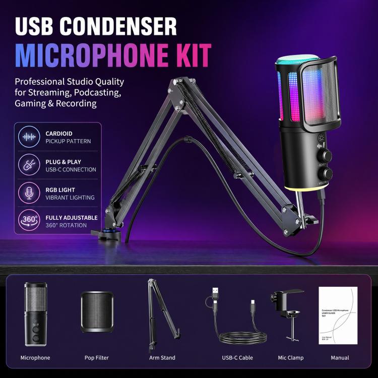 ONIKUMA M530 USB Condenser Microphone RGB Gaming Mic for Streaming