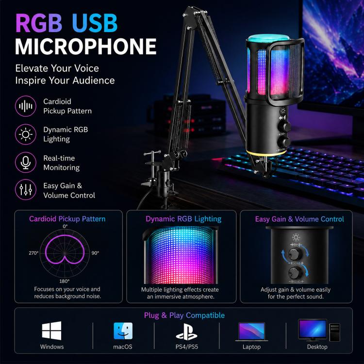 ONIKUMA M530 USB Condenser Microphone RGB Gaming Mic for Streaming