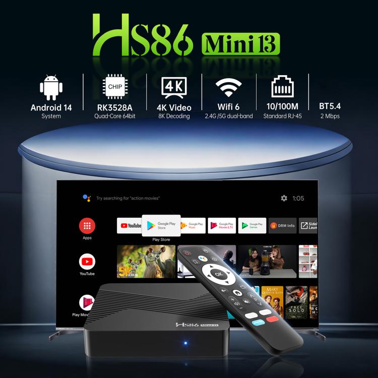 HS86 MINI 13 Android 14 Wifi 6 BT 5.4 4K TV Box, EU Plug, AU Plug, UK Plug, US Plug