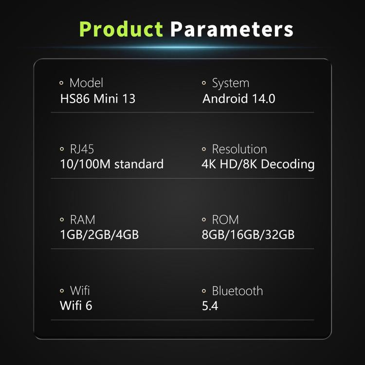HS86 MINI 13 Android 14 Wifi 6 BT 5.4 4K TV Box, EU Plug, AU Plug, UK Plug, US Plug