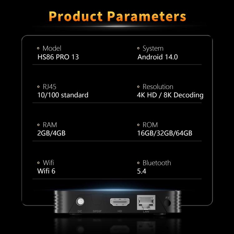 HS86 PRO13 Android 14 Wifi 6 BT 5.4 4K TV Box, EU Plug, AU Plug, UK Plug, US Plug