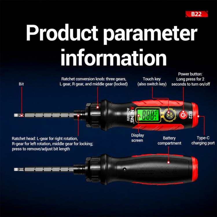 ANENG B22 Digital Display Ratchet Screwdriver Non-Contact Voltage Tester