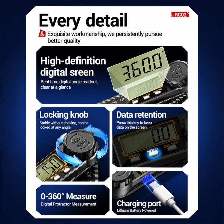 ANENG High Precision Digital Display Angle Ruler, Plastic, Upgraded