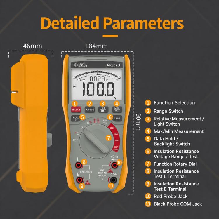 SMART SENSOR AR907B 2-in-1 High-Precision Digital Multimeter Insulation Resistance Tester, AR907B