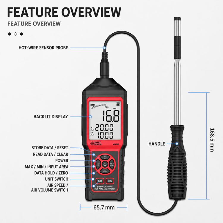 SMART SENSOR AM866 High-Precision Handheld Thermal Anemometer, AM866