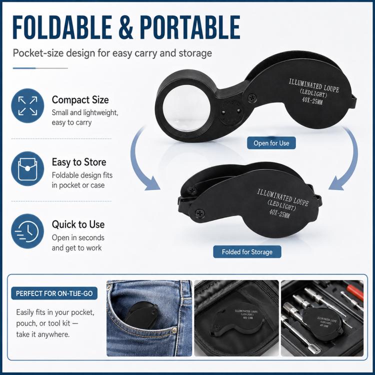 21011 Portable Foldable 40x Magnifying Glass with LED Light