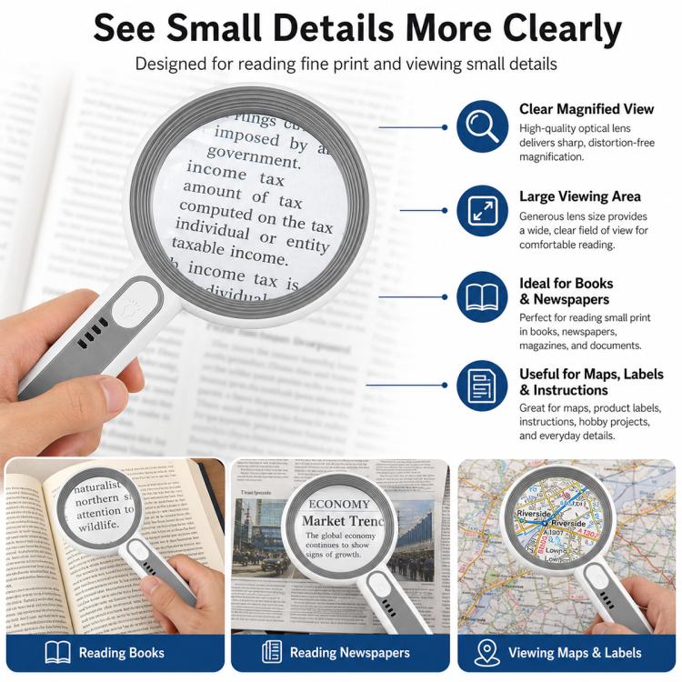 Handheld Multi-magnification Magnifying Glass with Touch LED Light, 3710C, 5012C, 7518C