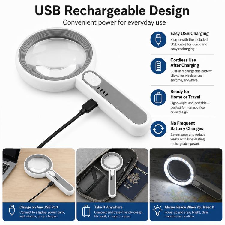 Handheld Multi-magnification Magnifying Glass with Touch LED Light, 3710C, 5012C, 7518C