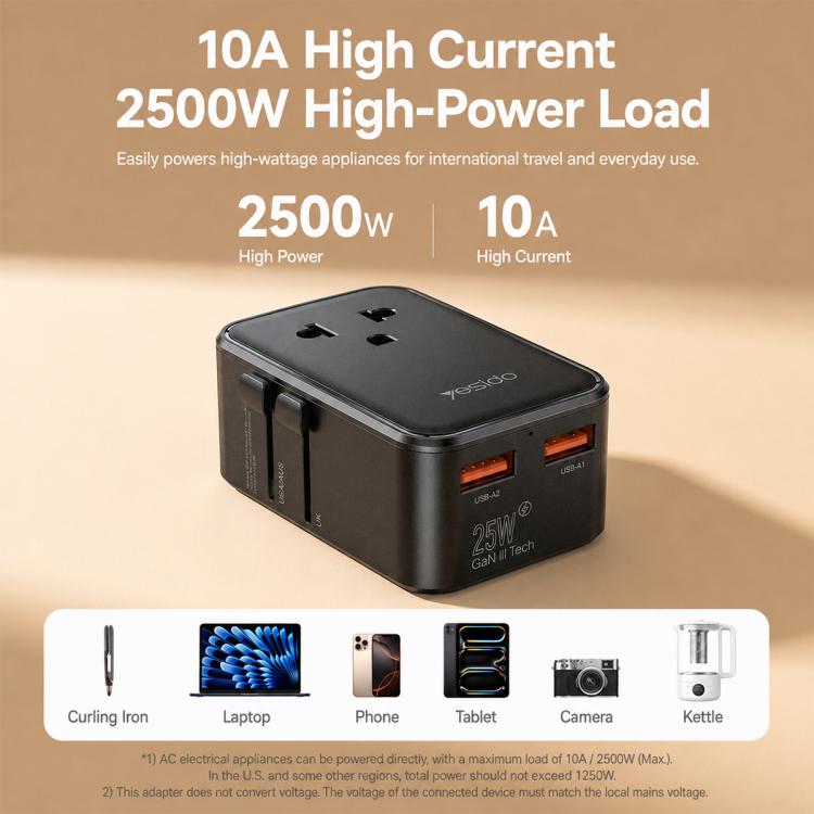 Yesido MC47 4-Port 25W GaN Fast Charger Universal Travel Adapter, MC47