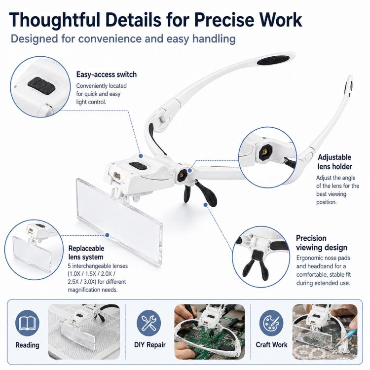 9892BP Headband Interchangeable Lenses Magnifier with LED Light, 9892BP