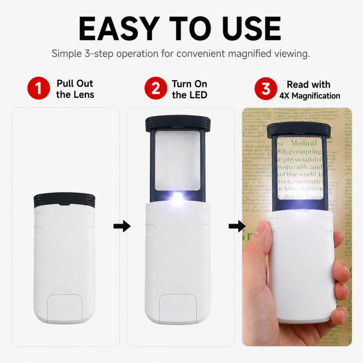 94535 Portable Rectangular Folding Pull-out Magnifying Glass with LED Light