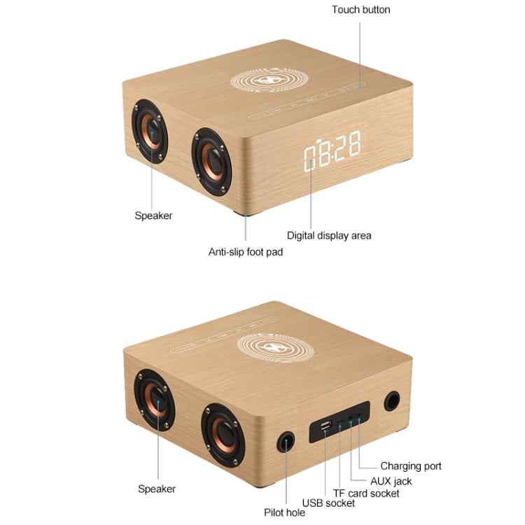 Q5A Multifunctional Wooden Touch Clock Display Wireless Charging Bluetooth Speaker, Support TF Card & U Disk & 3.5mm AUX, Q5A