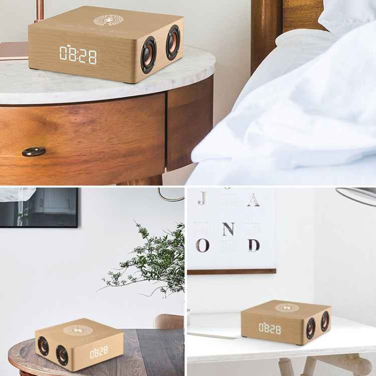 Q5A Multifunctional Wooden Touch Clock Display Wireless Charging Bluetooth Speaker, Support TF Card & U Disk & 3.5mm AUX, Q5A