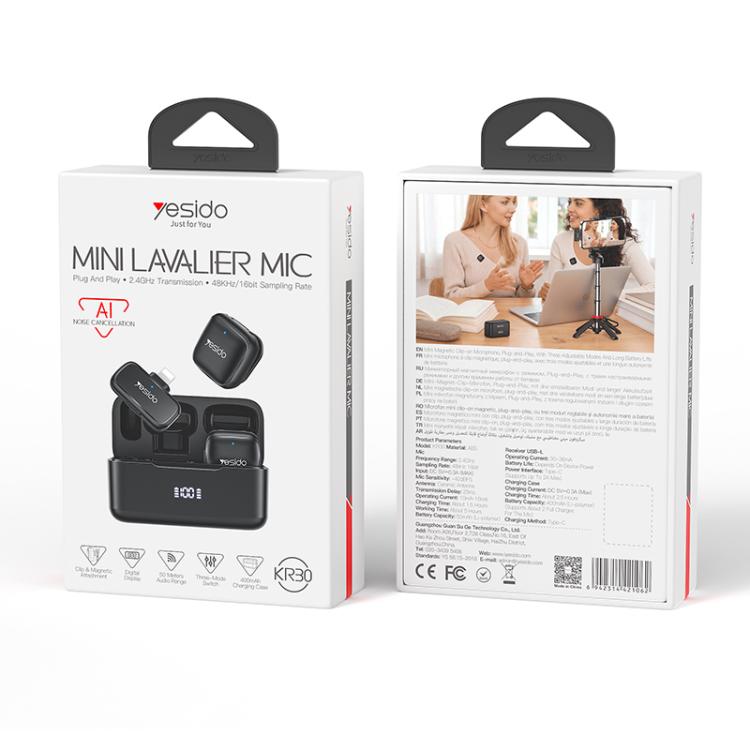 Yesido KR30 1 to 2 Wireless Lavalier Microphone 8 Pin Receiver with Charging Box