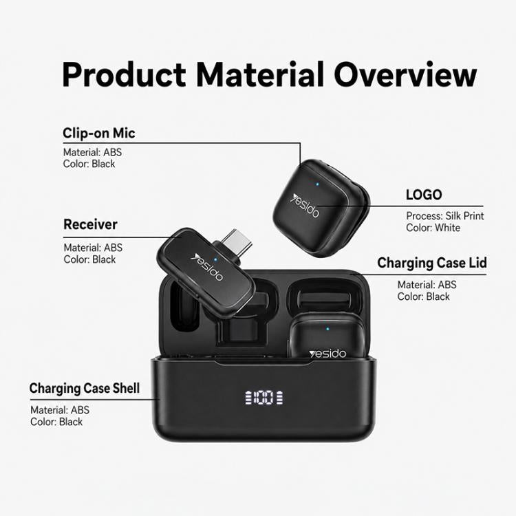 Yesido KR30 1 to 2 Wireless Lavalier Microphone 8 Pin Receiver with Charging Box