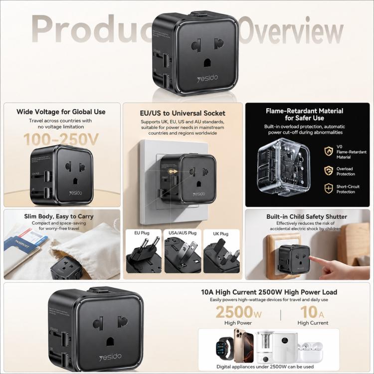 Yesido MC46 Portable Universal Travel Adapter, MC46