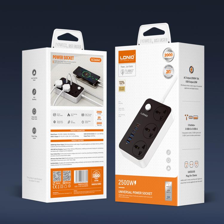 LDNIO SC3604C 2500W 6 x USB Ports 3 x AC Universal Power Socket, Cable Length: 2m, US Plug, EU Plug, UK Plug