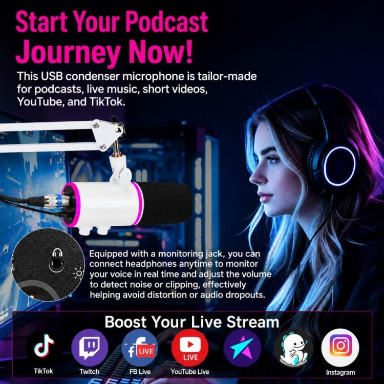 XTUGA GV6 Condenser RGB Gaming Desktop Microphone for Live Streaming and Recording, GV6