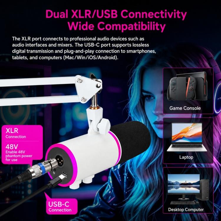XTUGA GV6 Condenser RGB Gaming Desktop Microphone for Live Streaming and Recording, GV6