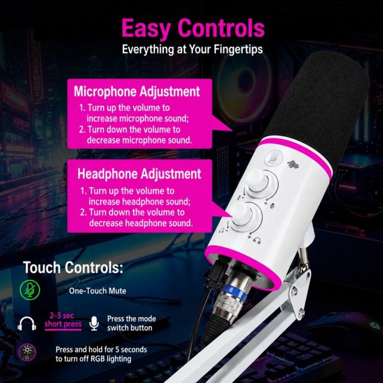 XTUGA GV6 Condenser RGB Gaming Desktop Microphone for Live Streaming and Recording, GV6