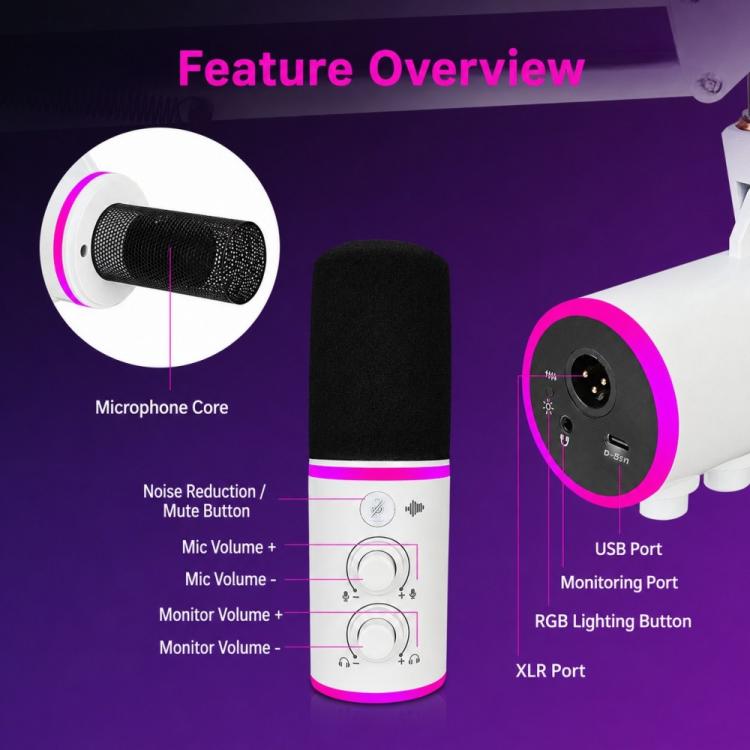 XTUGA GV6 Condenser RGB Gaming Desktop Microphone for Live Streaming and Recording, GV6