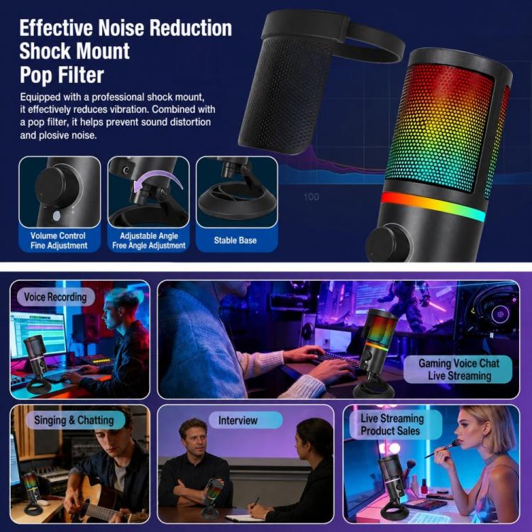 XTUGA GB2066 Portable Design RGB Lighting Condenser Desktop Microphone, GB2066