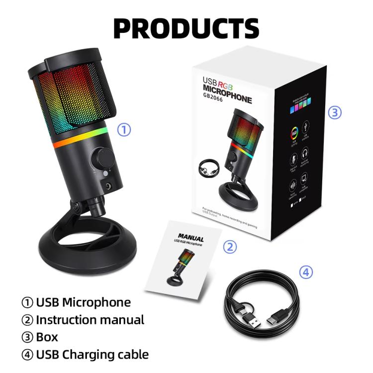 XTUGA GB2066 Portable Design RGB Lighting Condenser Desktop Microphone, GB2066