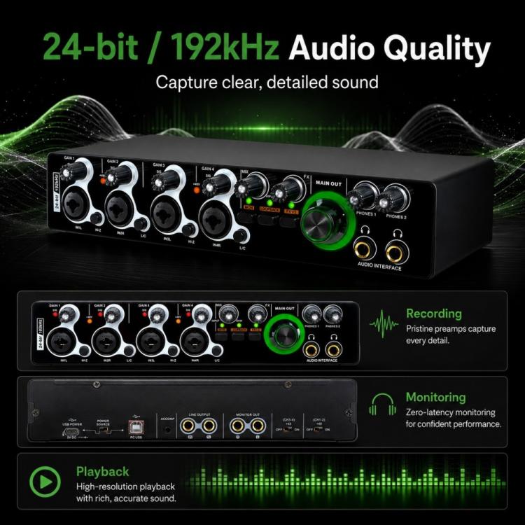 XTUGA E-44 4 In-2 Out 24Bit 192kHz Professional USB Audio Interface Recording Sound Card, E-44
