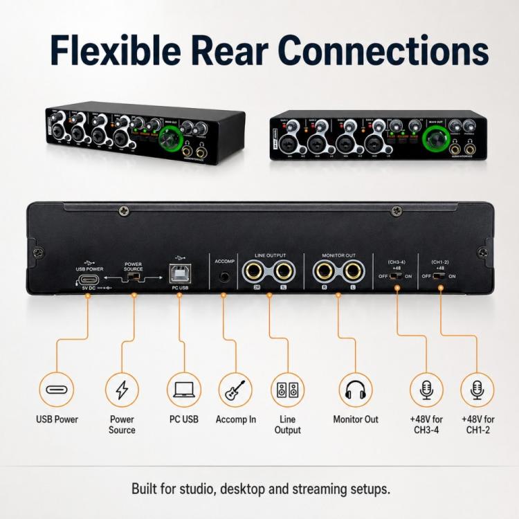 XTUGA E-44 4 In-2 Out 24Bit 192kHz Professional USB Audio Interface Recording Sound Card, E-44