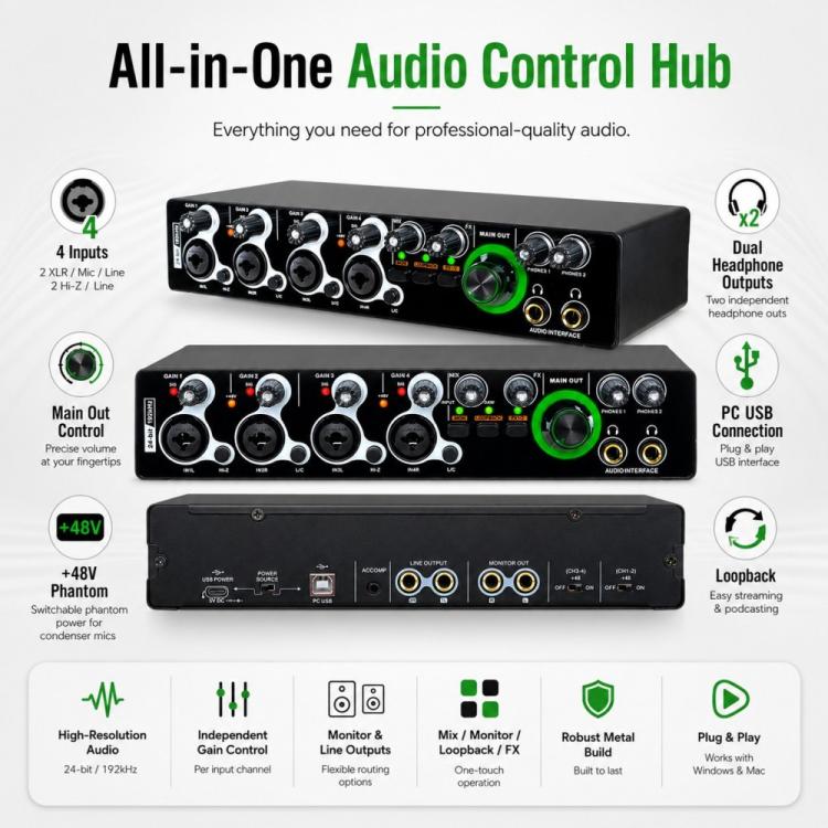 XTUGA E-44 4 In-2 Out 24Bit 192kHz Professional USB Audio Interface Recording Sound Card, E-44