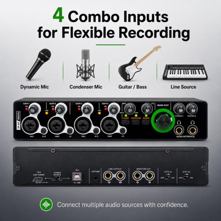XTUGA E-44 4 In-2 Out 24Bit 192kHz Professional USB Audio Interface Recording Sound Card, E-44