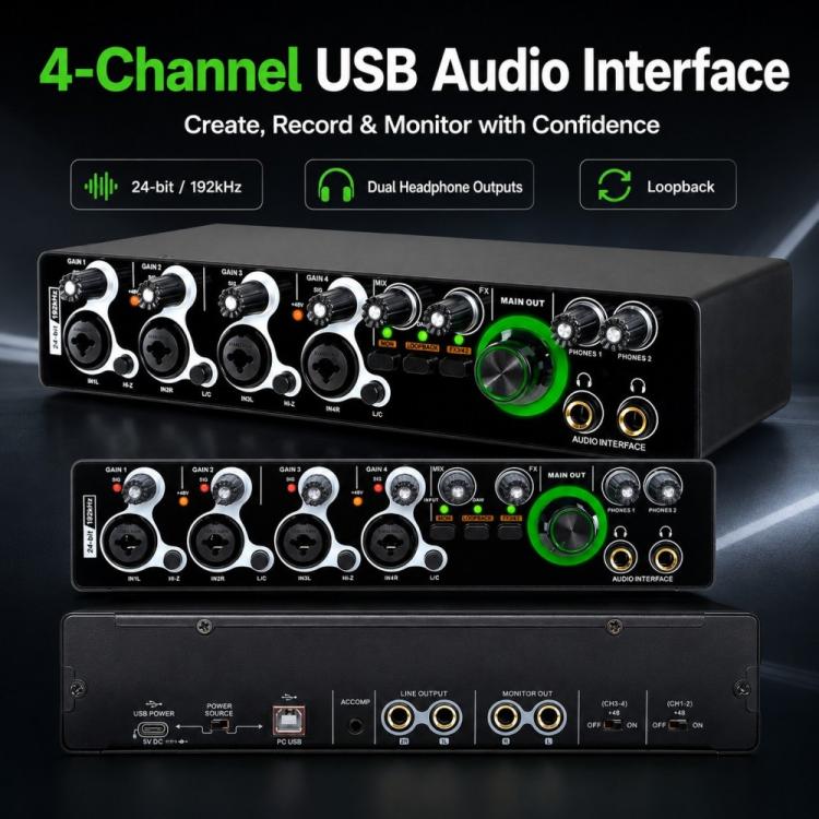 XTUGA E-44 4 In-2 Out 24Bit 192kHz Professional USB Audio Interface Recording Sound Card, E-44