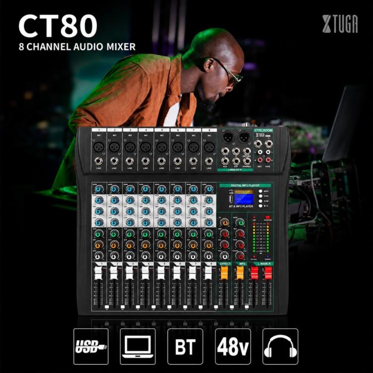 XTUGA CT80 8-Channel Professional Audio Mixer DJ Console, CT80