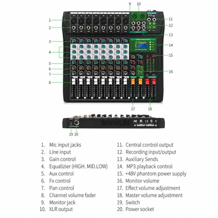 XTUGA CT80 8-Channel Professional Audio Mixer DJ Console, CT80