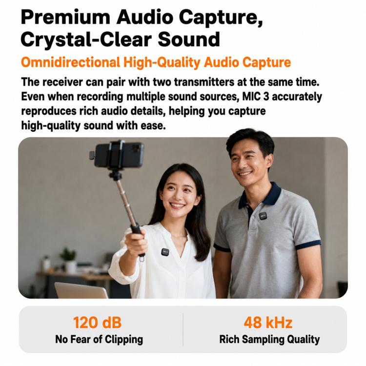 Mic 3 Portable Wireless Lavalier AI Noise Reduction Microphone, 2 in 1 8 Pin Receiver with Charging Dock, 1 in 1 8 Pin Receiver, 2 in 1 Type-C Receiver with Charging Dock, 1 in 1 Type-C Receiver