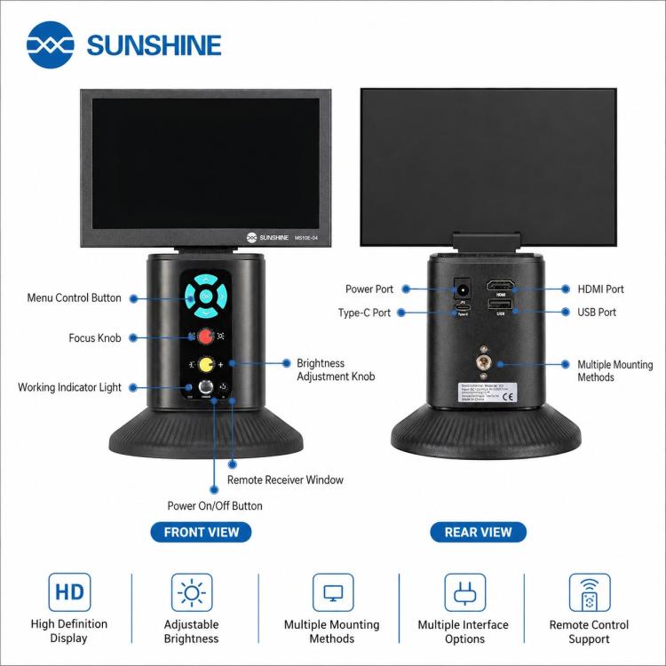 SUNSHINE MS10E-04 4K HD Digital Microscope with Metal Stand Base & 10-inch Large Display, EU Plug, UK Plug